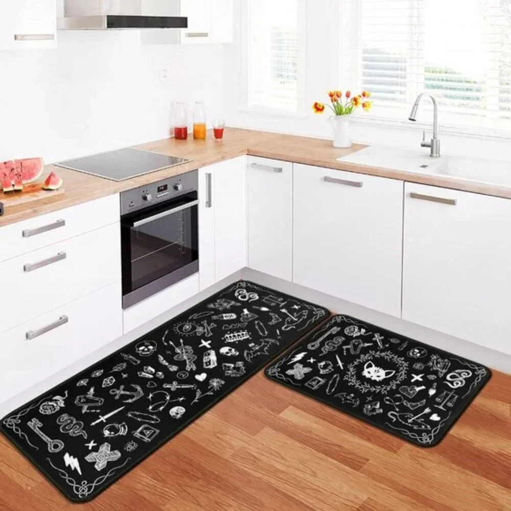 New Set of 2 Black Kitchen Mat with Rubber Backing, Non-Slip, Washable Rugs Set